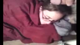 Sleeping brunette with glasses gets facial